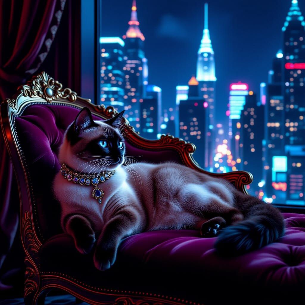 Regal Siamese Cat in Cyberpunk Penthouse