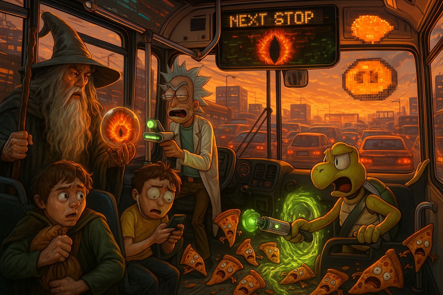 Overcrowded Bus in Gridlock with Gandalf and Rick