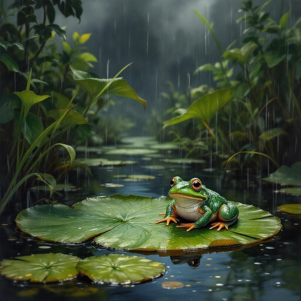 Frog caught in a summer rainstorm