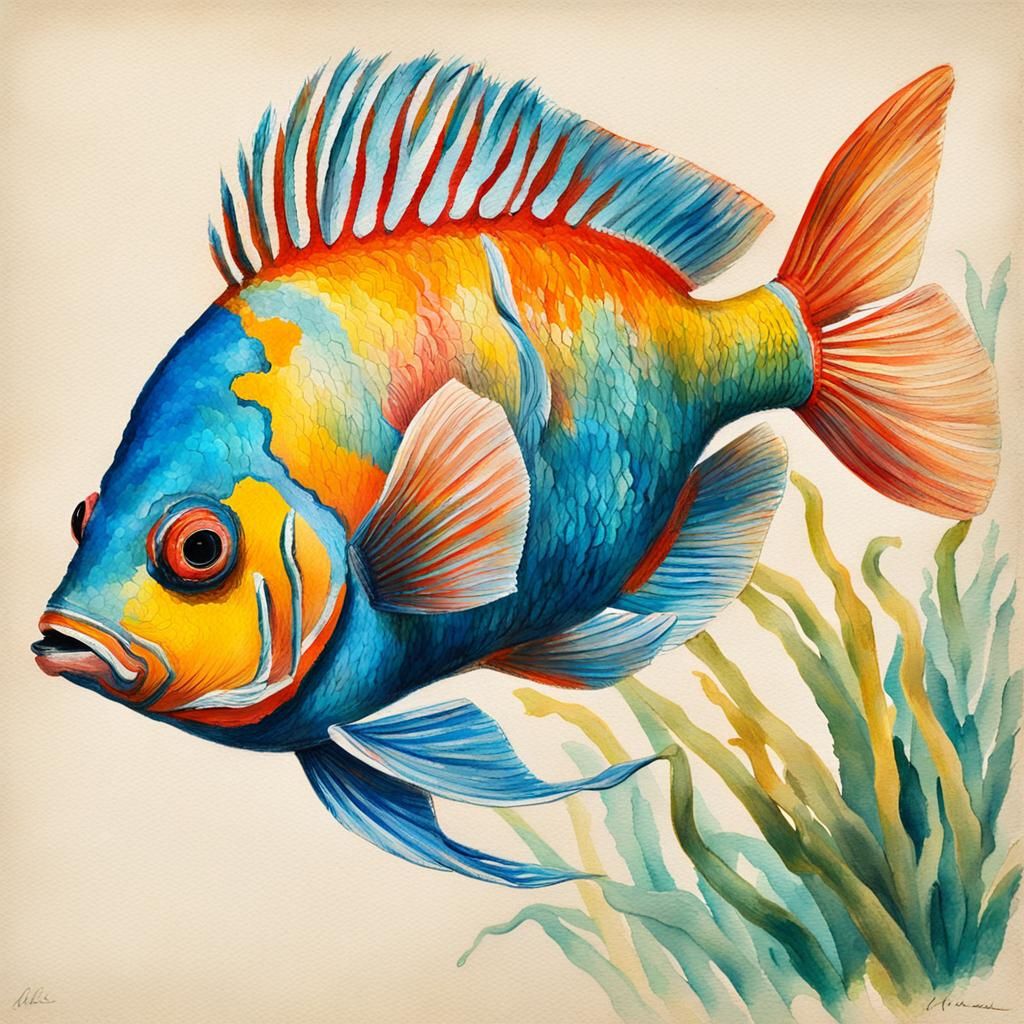 Colorful Tropical Fish: 18th Century Gouache Sketch