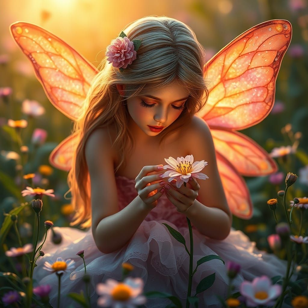 Dewdrop Fairy Girl in Lush Meadow