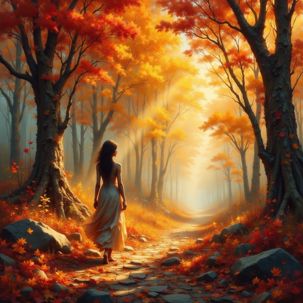 Fantasy Autumn Forest with Woman in Warm Light