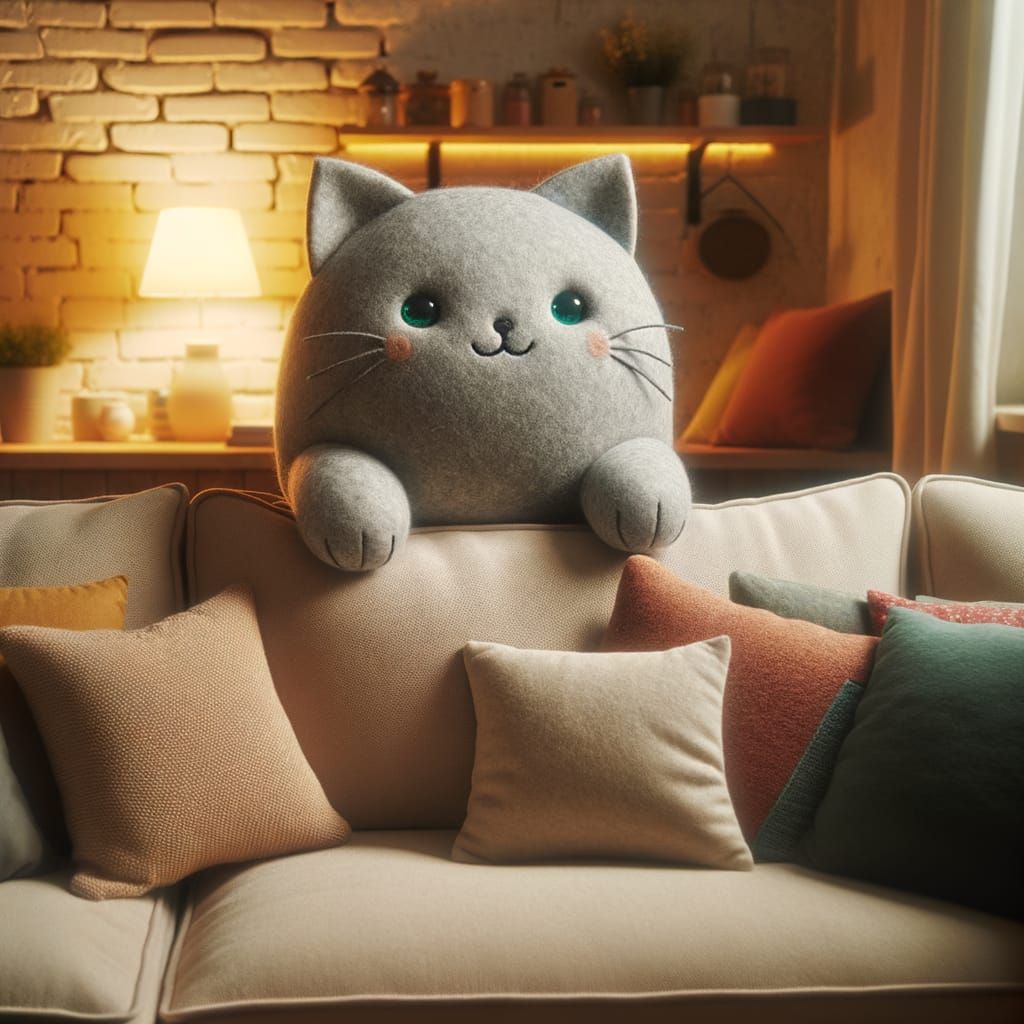Grey Felt Cat on Plush Beige Couch