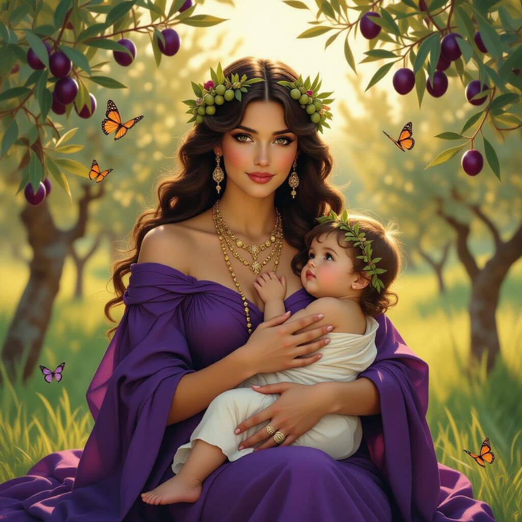 Olive Goddess with Child in Art Nouveau Style