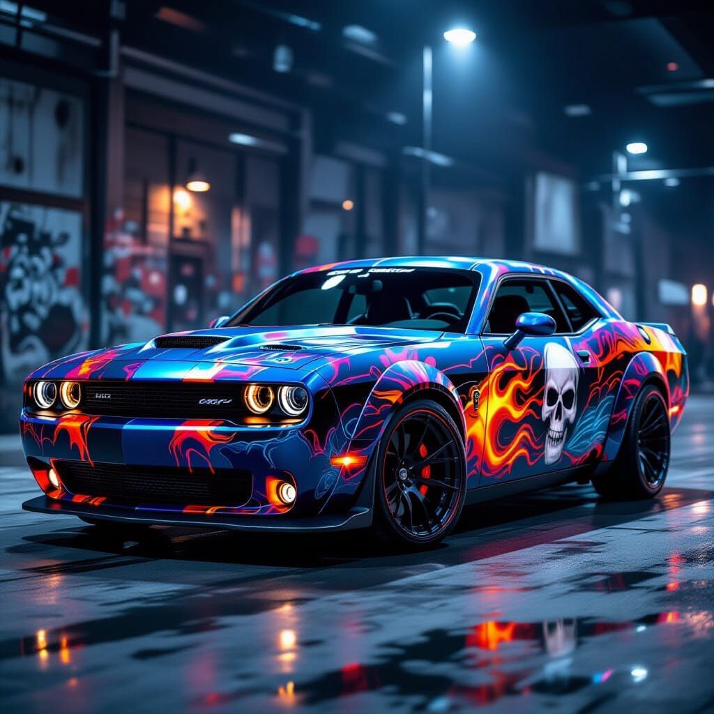 Custom Airbrushed Dodge Challenger With Flames and Skulls
