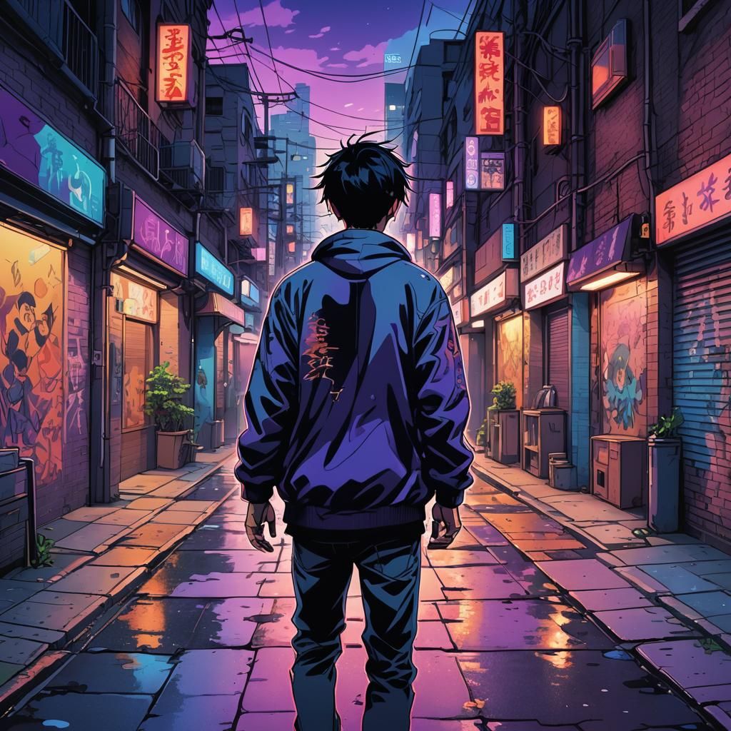 Anime Tattooed Man in City Alleyway