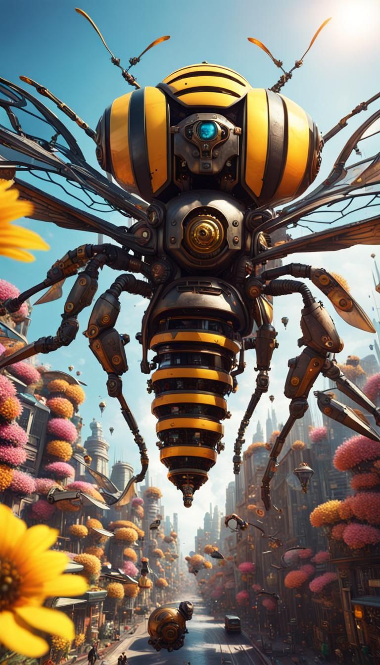 Mechanical Bee in Solar Punk Flower City