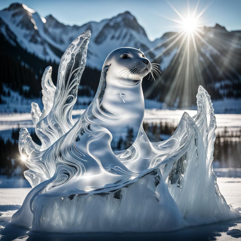 sculpted ice artwork captures the mesmerizing beauty of sunlight cascading through an exquisitely ice sculpture of seal