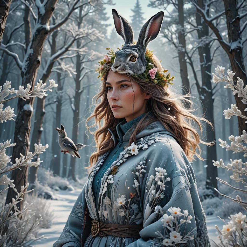 Winter Landscape with Hare and Floral Woman