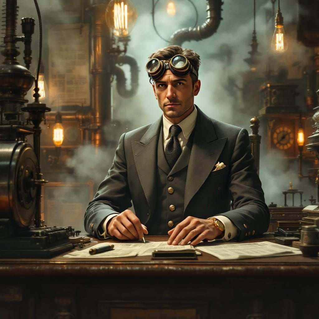 Steampunk News Anchor in a Haze of Smoke and Fog