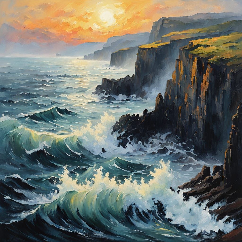 Impressionist Seascape with Black Cliffs in Gouache Style