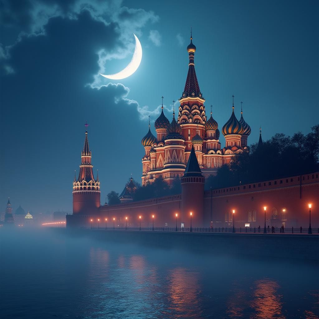 Kremlin at Night with Crescent Moon, Fantasy Art