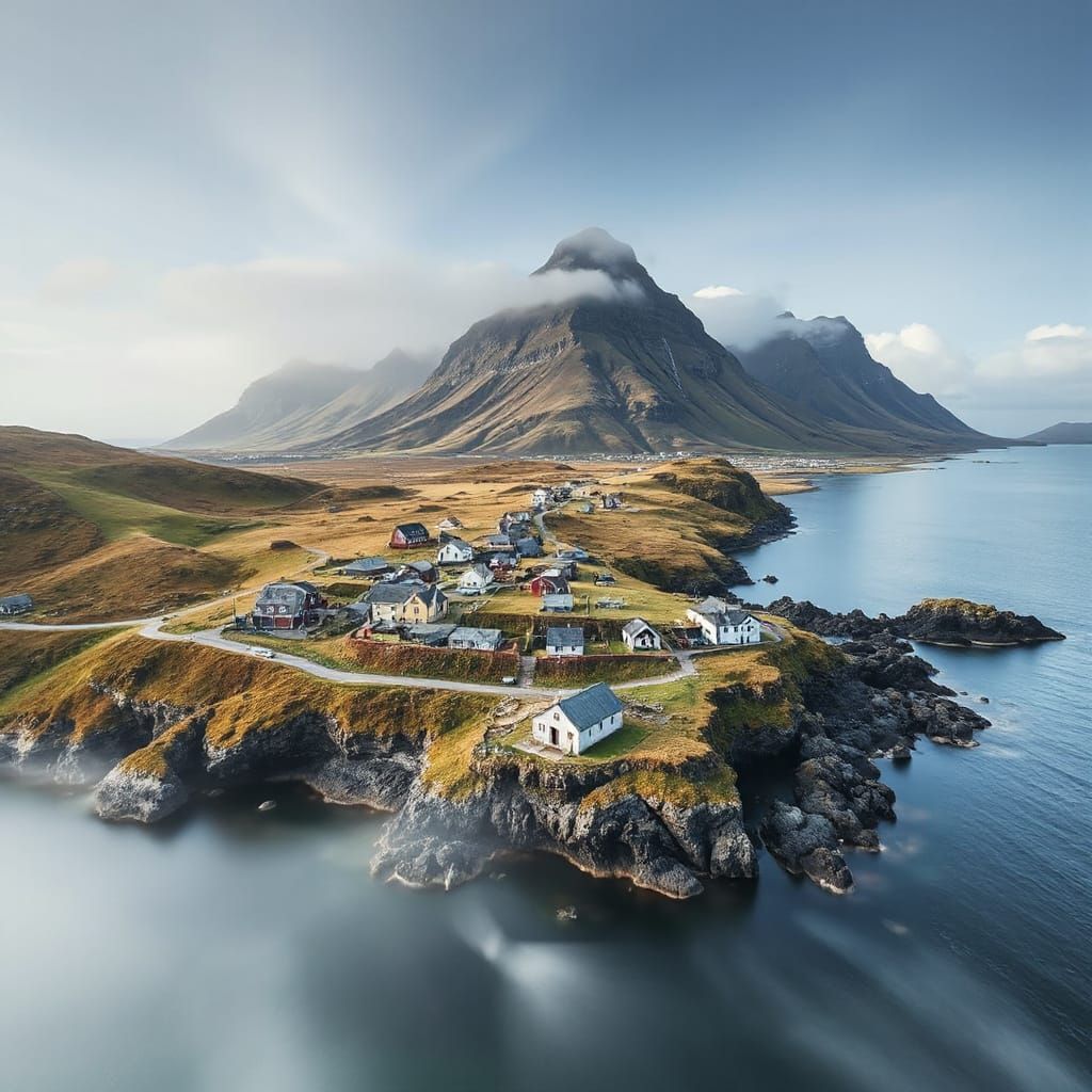 Aerial view of the village of Tjørnuvík, Faroe Islands