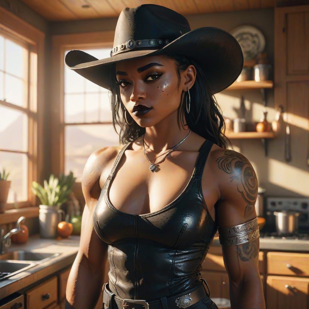 Cyberpunk Cowboy in Warm, Vibrant Kitchen