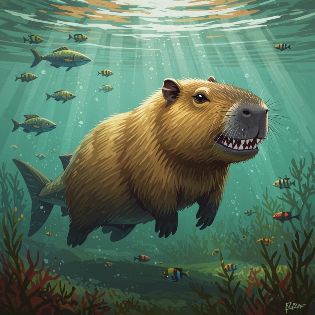 Capybara-Shark Hybrid in Murky Waters