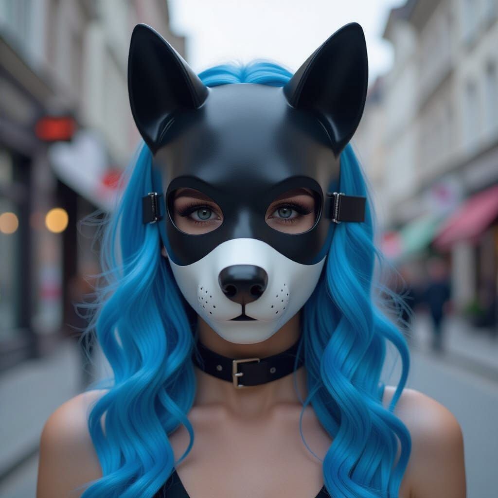 Girl with Latex Dog Mask in Cinematic Style