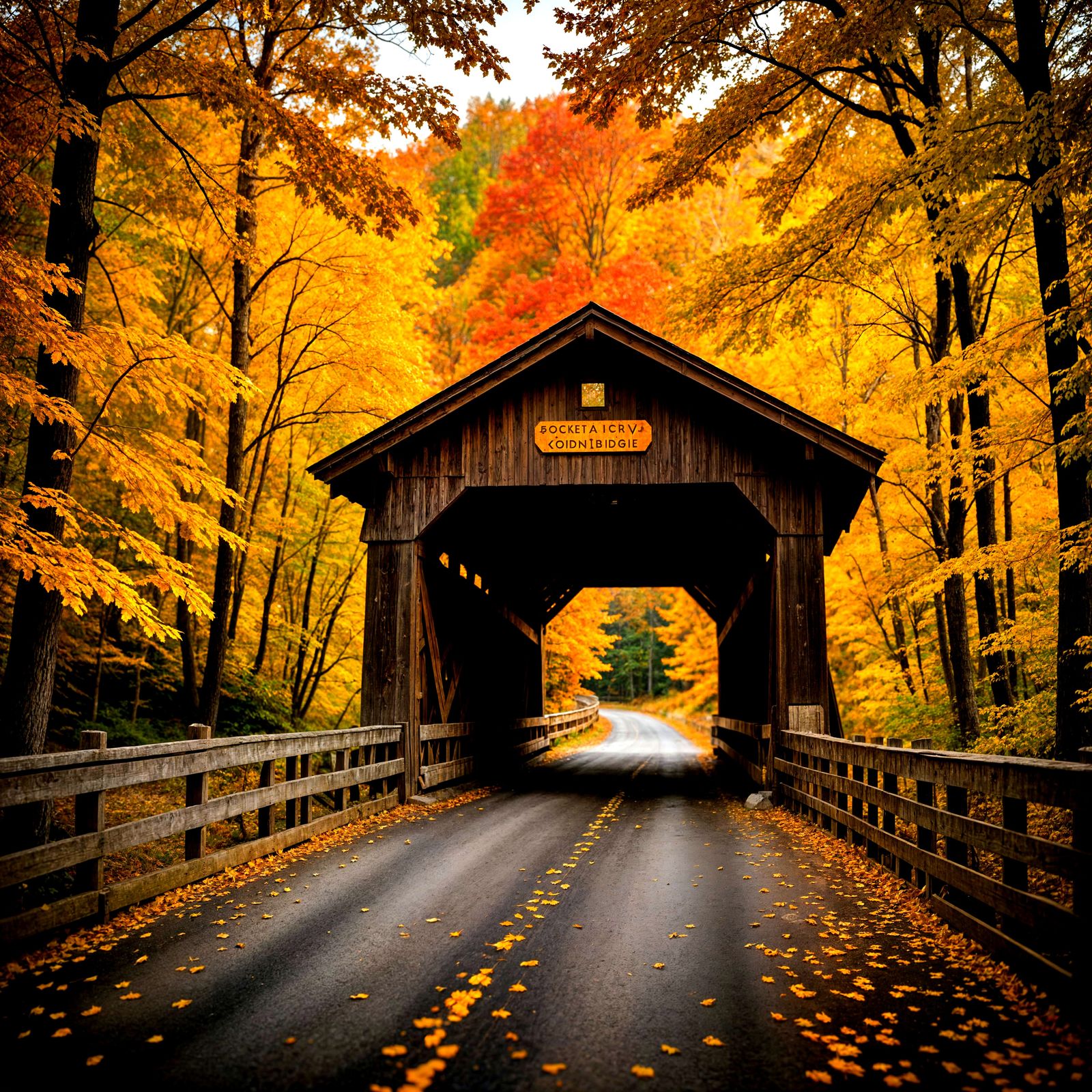 Romantic Covered Bridge Amidst Vibrant Fall Foliage