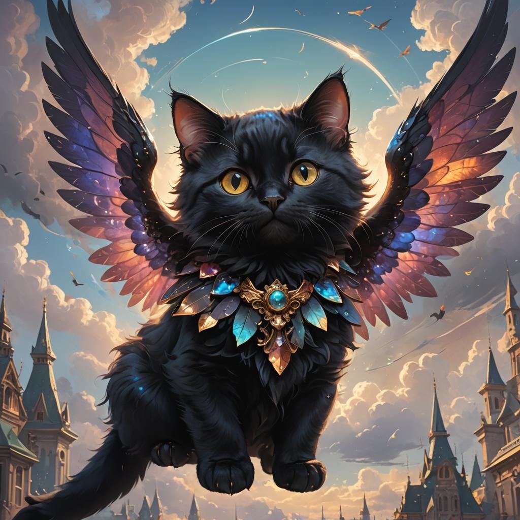 Winged Black Cat Portrait in Detailed Digital Art
