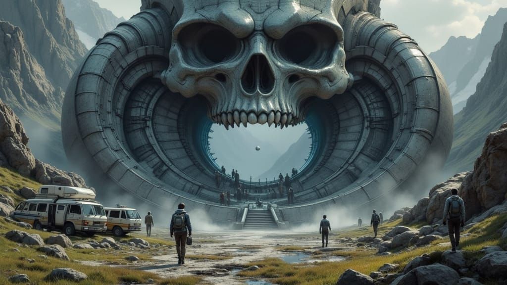 Colossal Alien Skull Artifact Explored on Rocky Planet