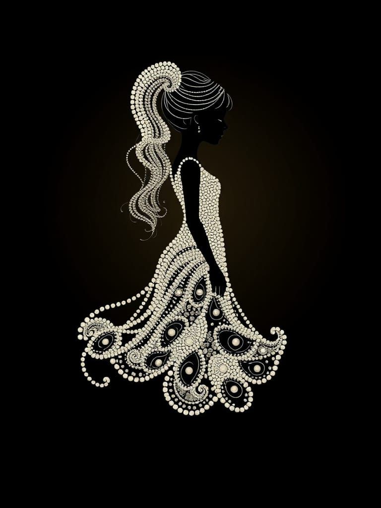 Girl in Pearls, Long Hair Fluffy Tail, in Fractal Wave