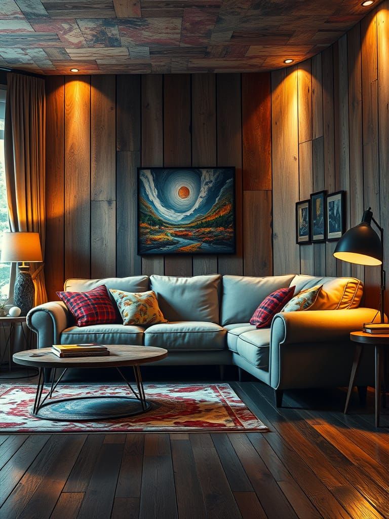 Vibrant Striped Living Room with Intricately Detailed Furnit...