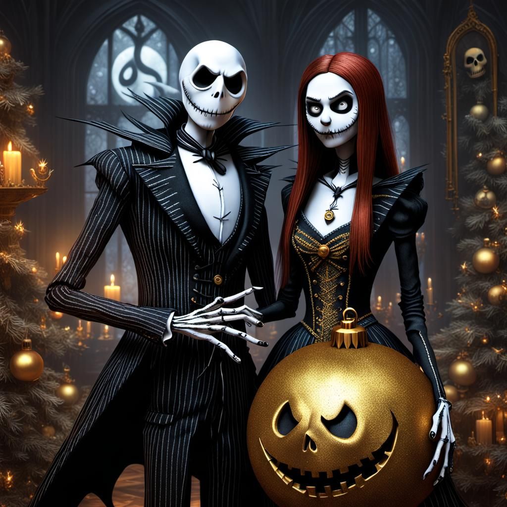 Jack Skellington and Sally in Gothic Christmas Scene