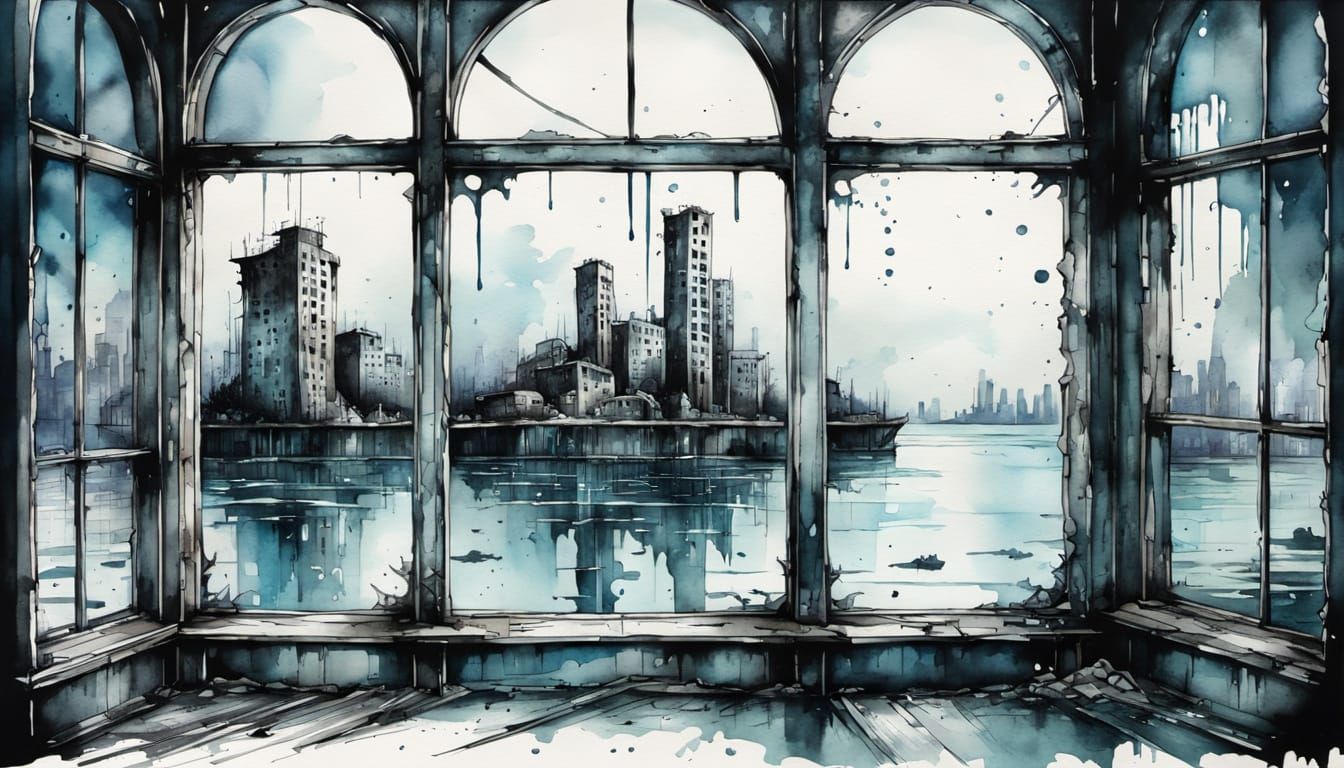 Underwater Cityscape in Ink and Watercolor