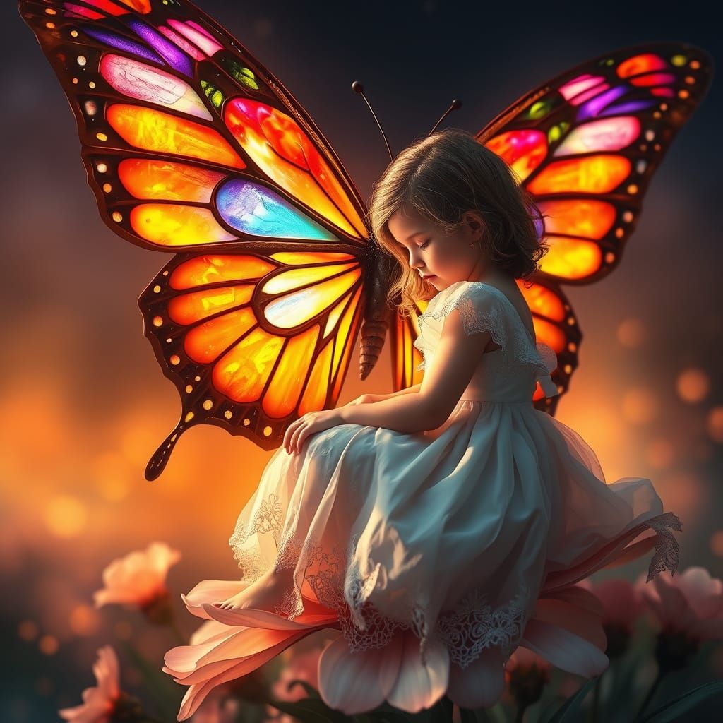Serene Girl and Majestic Butterfly in Vibrant Night Sky