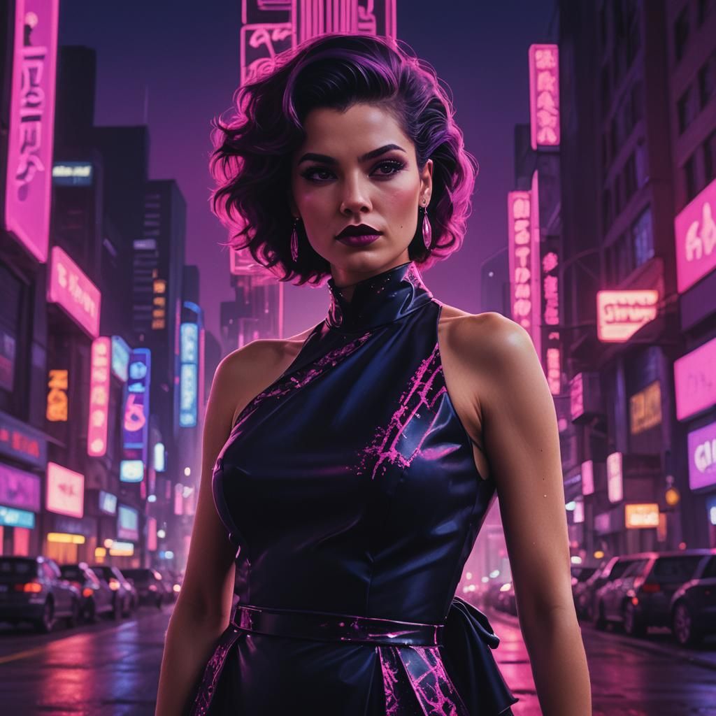 Neon Noir: Confident Woman in 80s Fashion