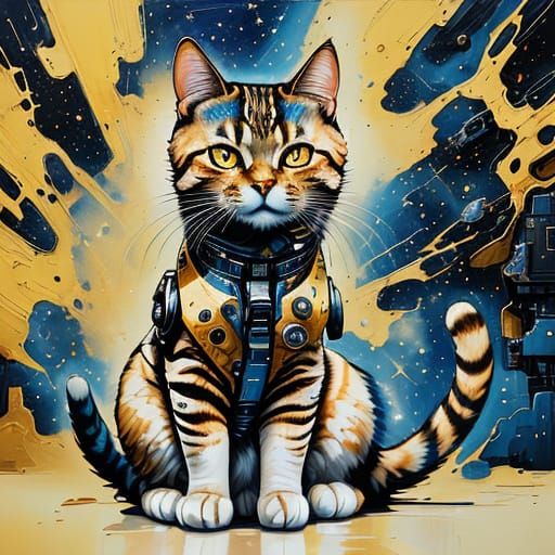 Celestial Cat Drifting Through Galaxy in Digital Matte Paint...