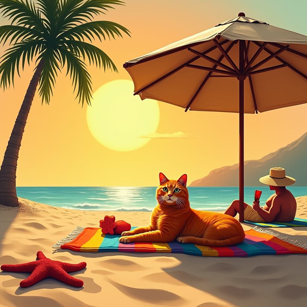 Orange Cat Lounging on Beach at Sunset