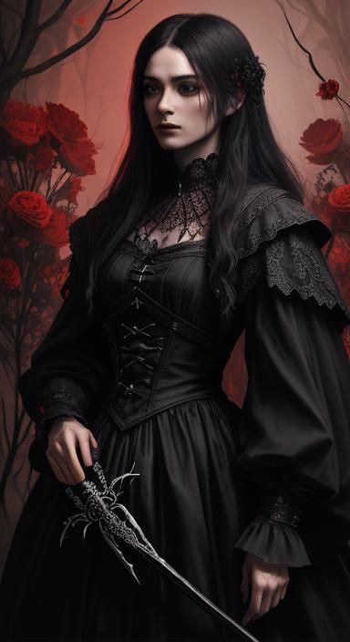 Woman in Red Dress in Misty Woods