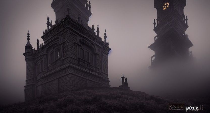 Ominous Tower on Misty Hill in Photorealistic Style