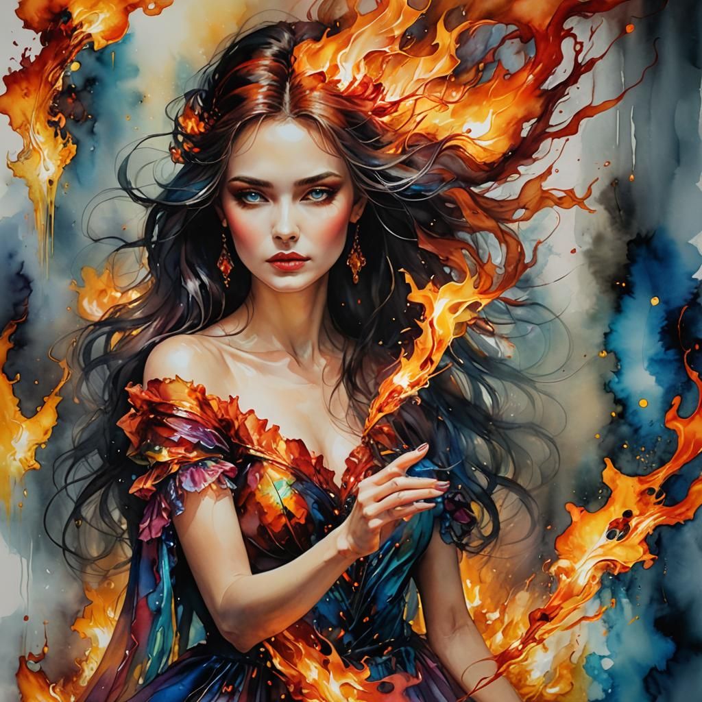 Scintillating Fire Elemental Spirit in Alcohol Ink Style