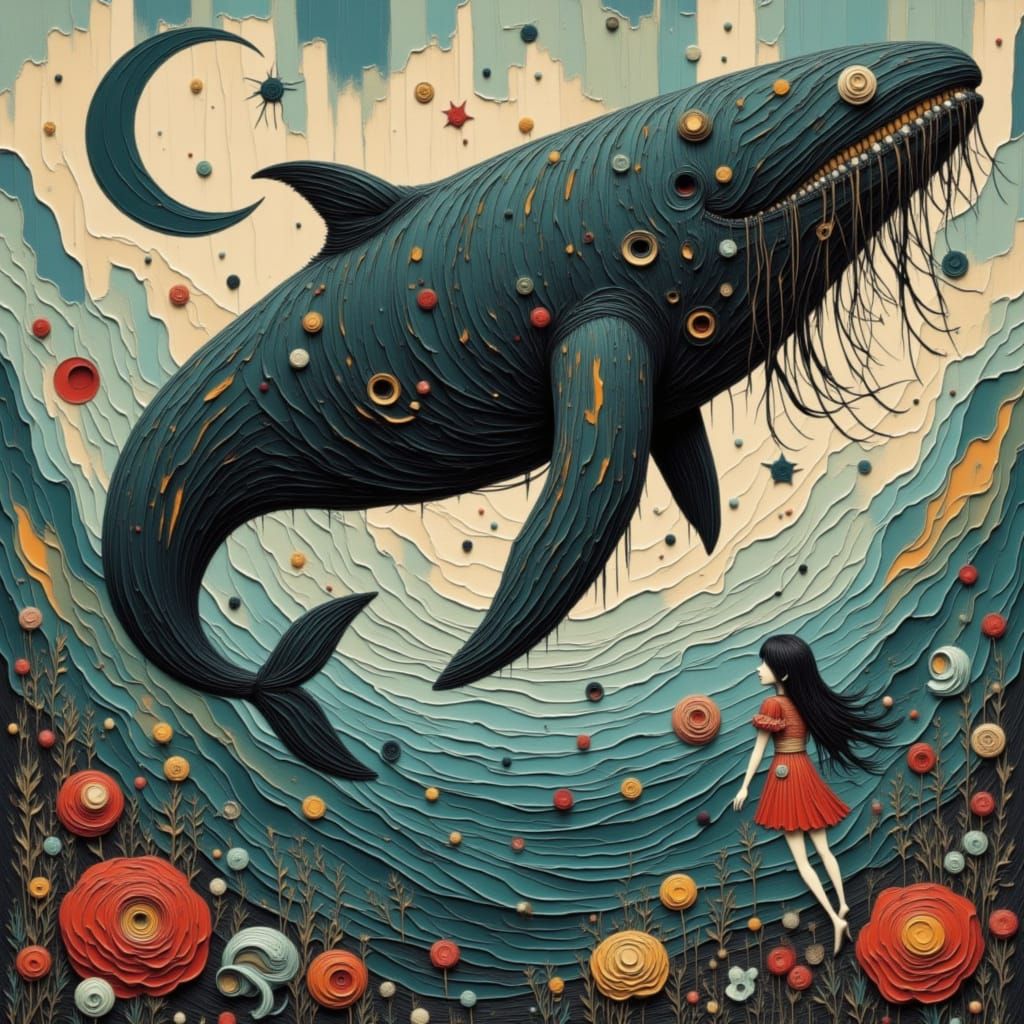 Mermaid Fleeing Giant Whale in Surreal Style