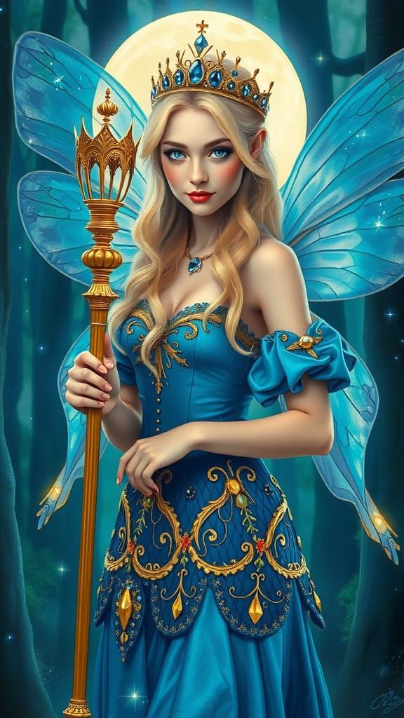 Majestic Blue Fairy Queen in Enchanted Forest