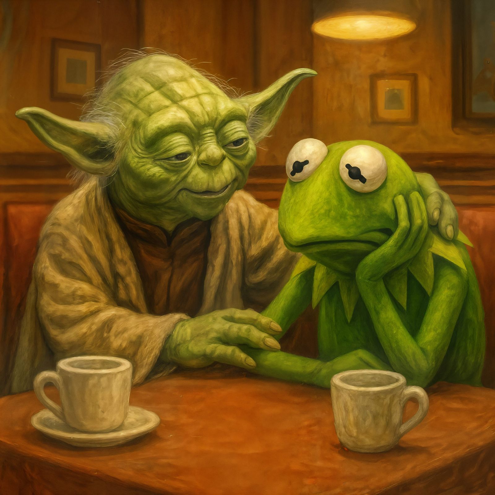Yoda Comforts Kermit at a Restaurant