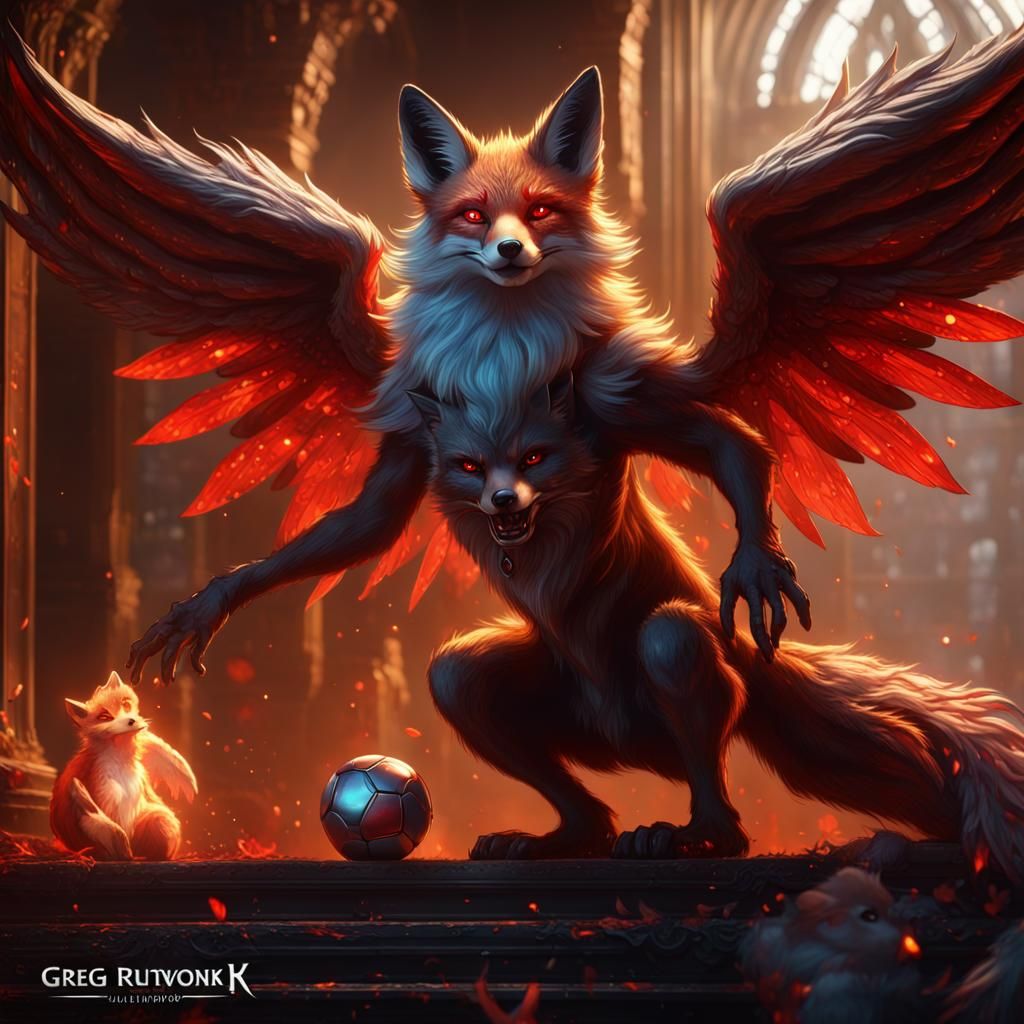 Demonic Fox with Angelic Wing Nudging Baby Prince