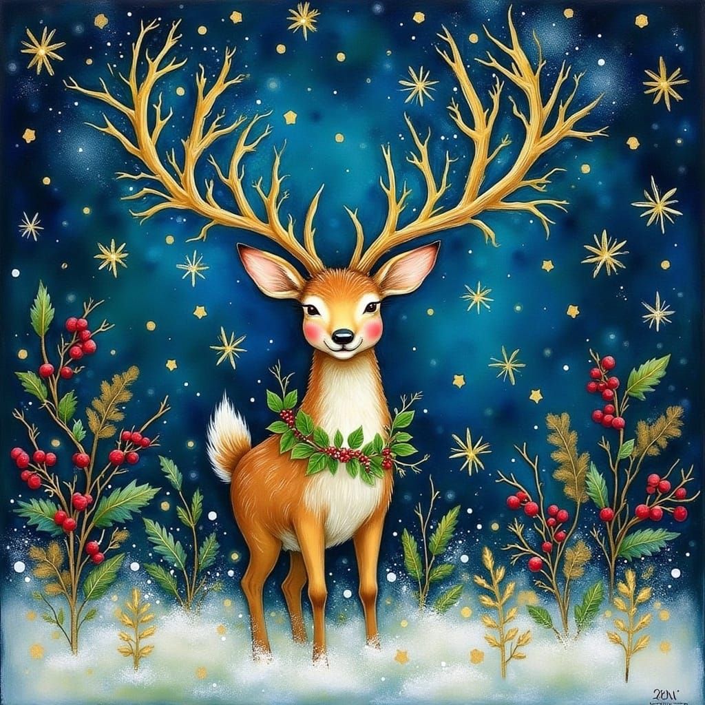 Festive Deer in Winter Wonderland: Impasto Painting