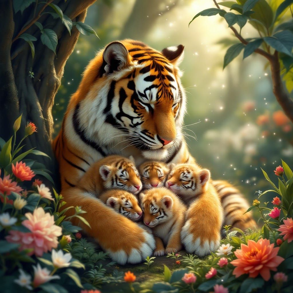 Serene Tiger Mom with Adorable Litter in a Lush Jungle
