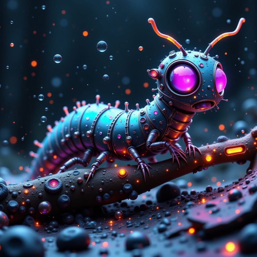 Cyberpunk Inchworm on Steampunk Machine with Neon Lights