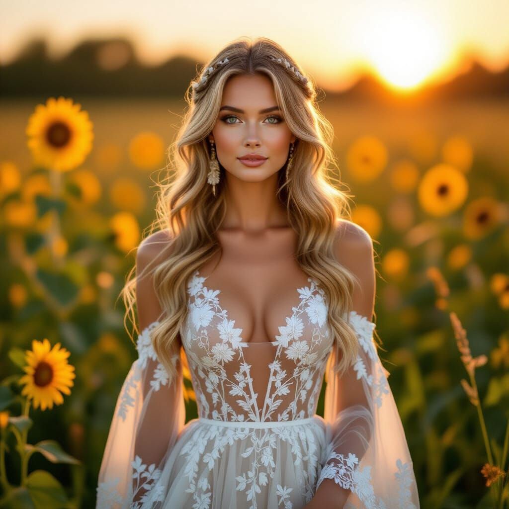 Woman in Gown Poses in Wildflower Field, in Art Nouveau Styl...