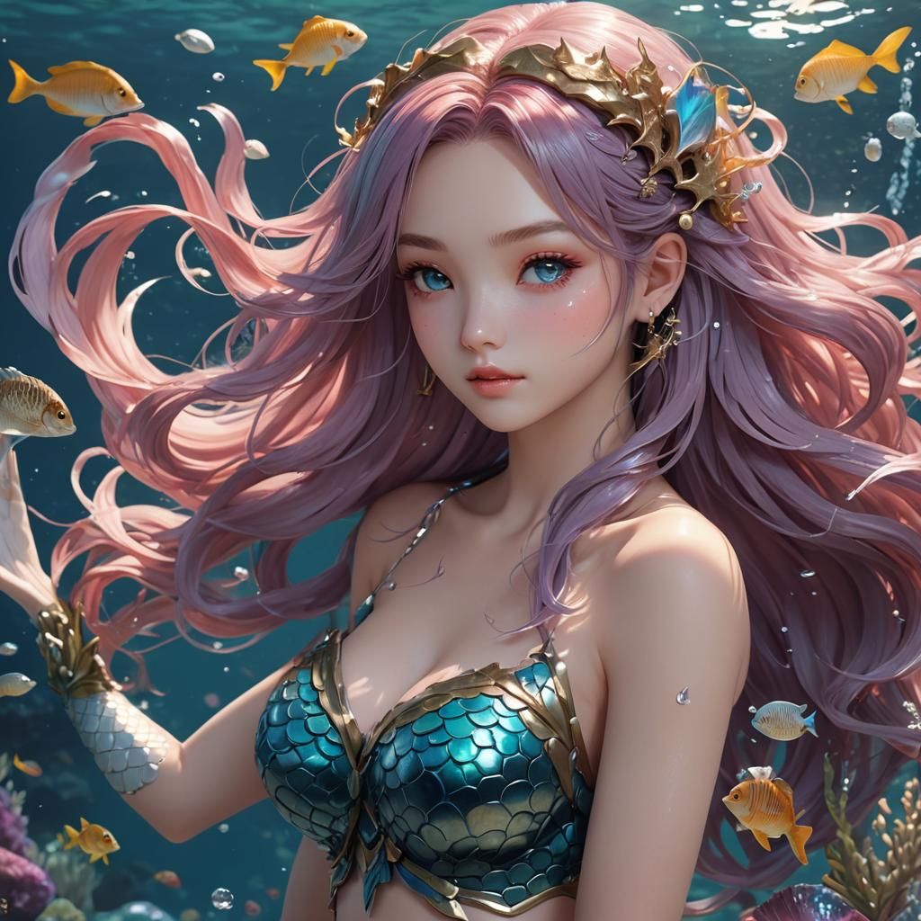 Anime Mermaid Girl in Detailed 3D Rendering