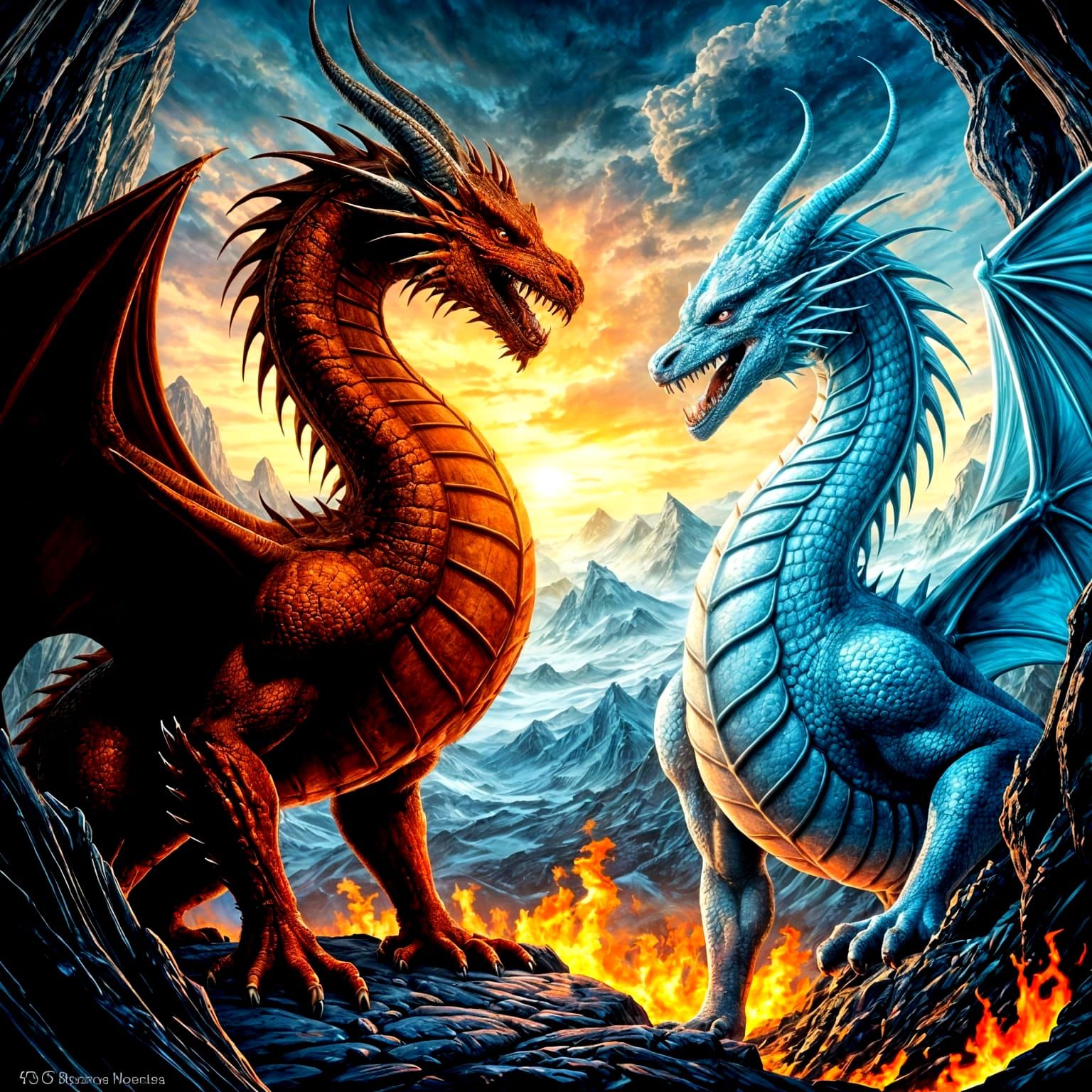 Dragons Clash in a Fiery Icy Landscape