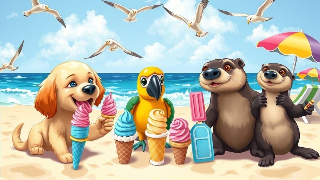 Joyful Beachside Ice Cream Party with Playful Animals