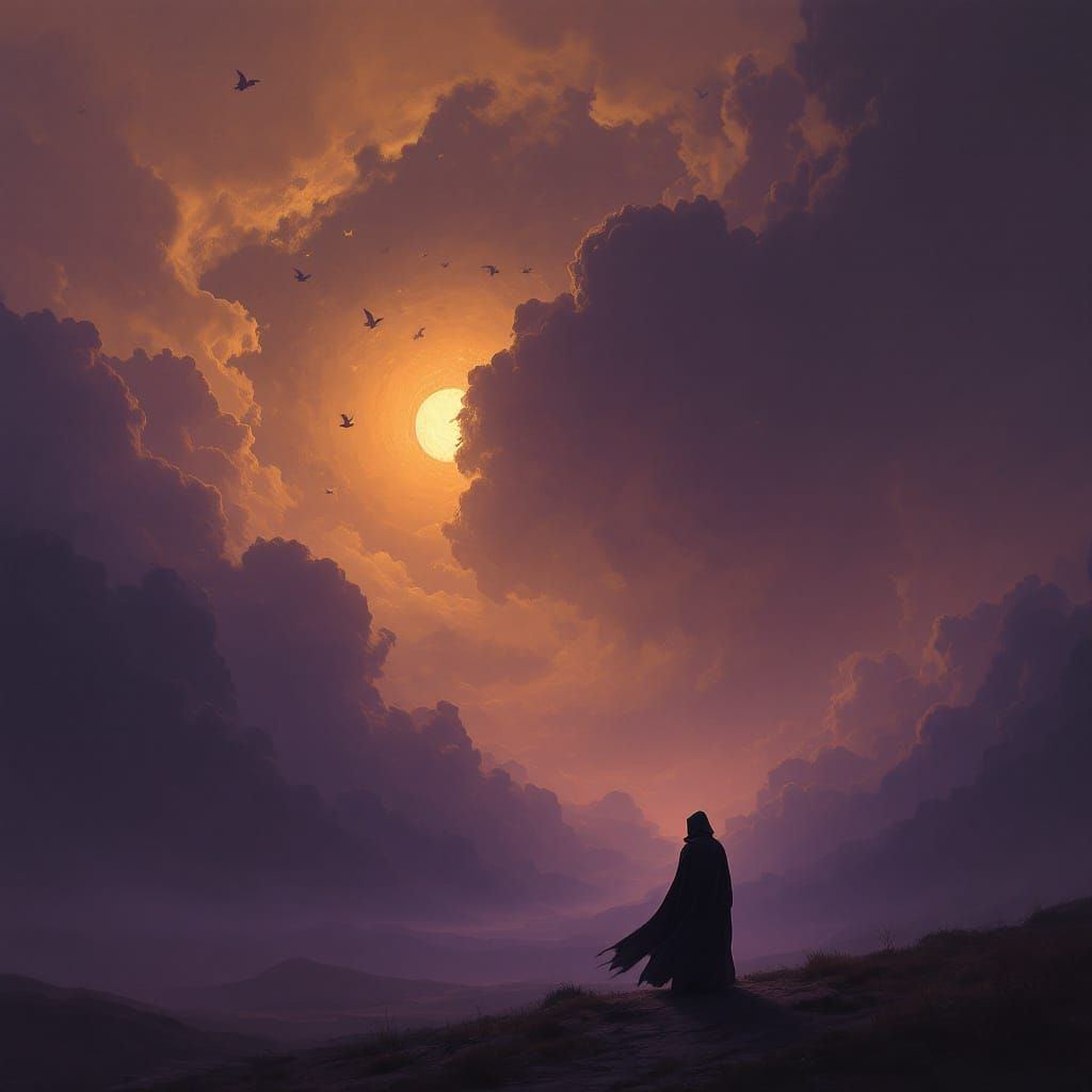 Surreal Twilight Landscape with Hovering Lantern