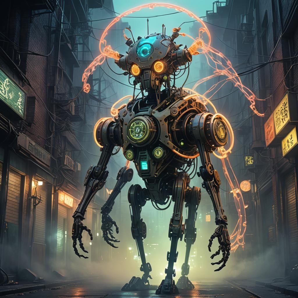 Clockwork Creature in Foggy Alleyway, Clockpunk Sci-Fi