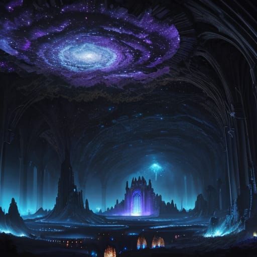 Surreal Cathedral with Swirling Galaxies: Digital Art
