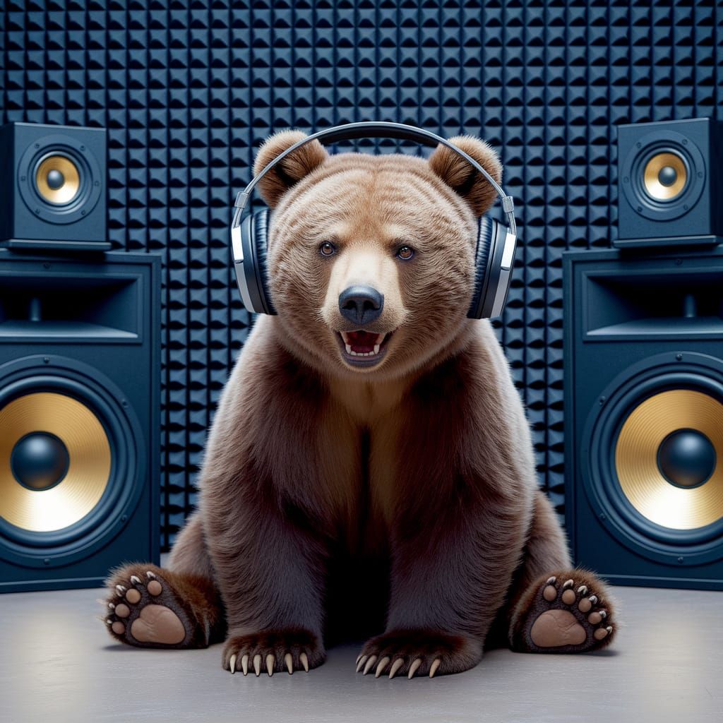 Happy Bear Lost in Music in Recording Studio