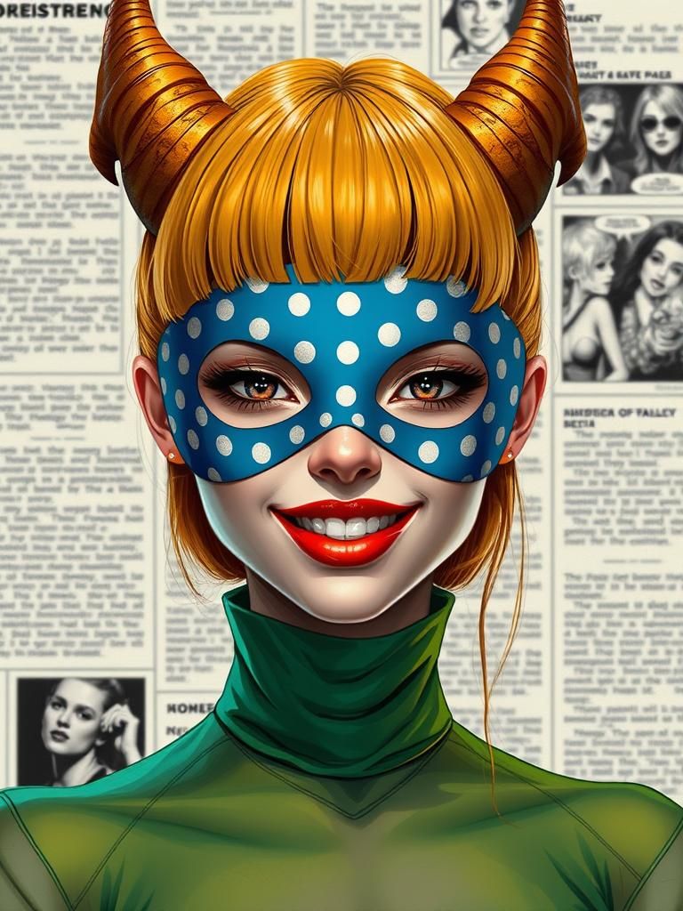 Surreal Female Character with Polka Dot Mask in Digital Art